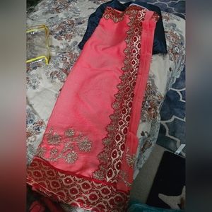 Indian Coral Red Pink Cotton Georgette Saree